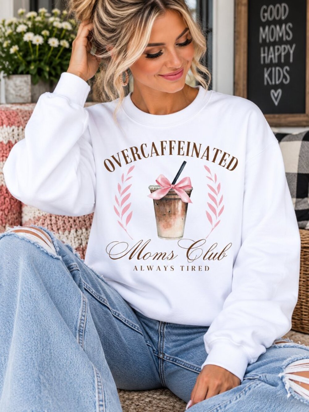 Overcaffeinated Moms Women’s Custom White Crewneck Sweatshirt Trendy Graphic